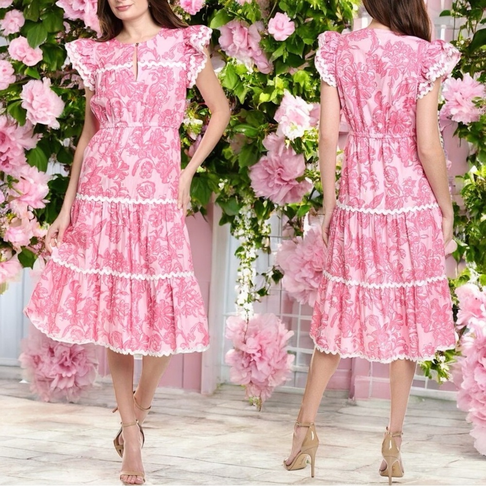 NEW Sail to Sable Sunburst Pink Ruffle Ric Rac Summer Garden Party Dress Size XS